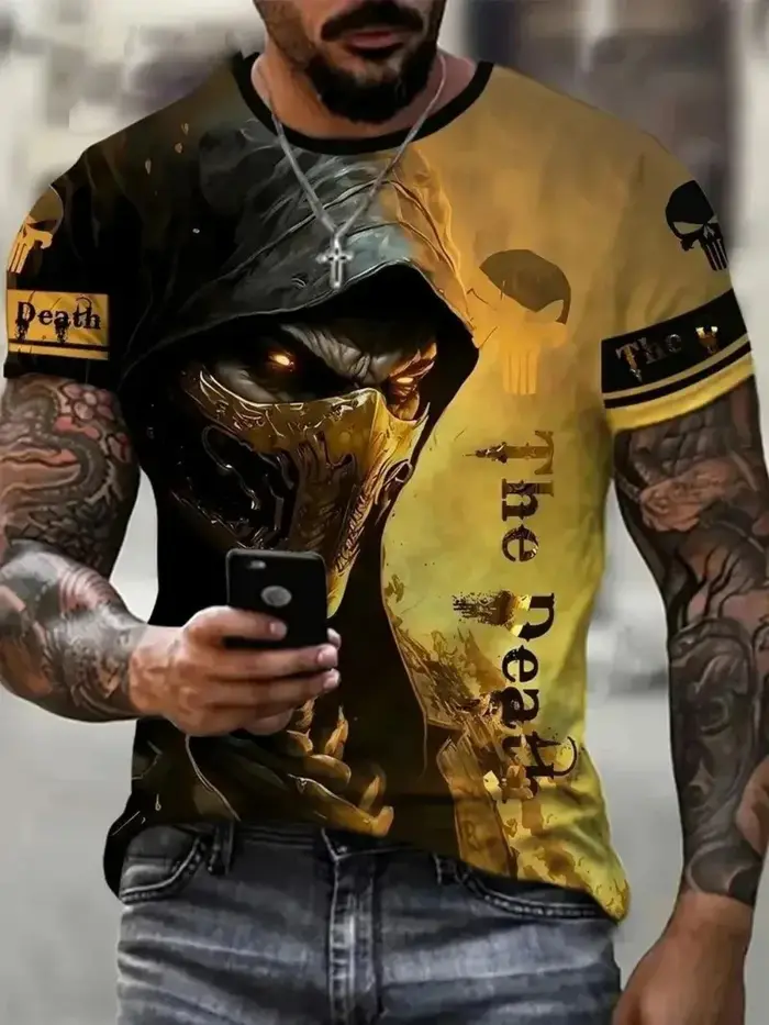 Horreur mort été hommes respirant col rond T-shirt crâne imprimé Halloween rue Hip Hop décontracté h
