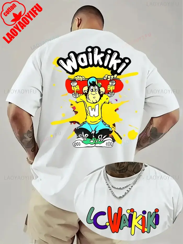 Waikiki T-shirt graphique pour hommes Bold Back Print Streetwear Tee Texture confortable, T-shirt à 
