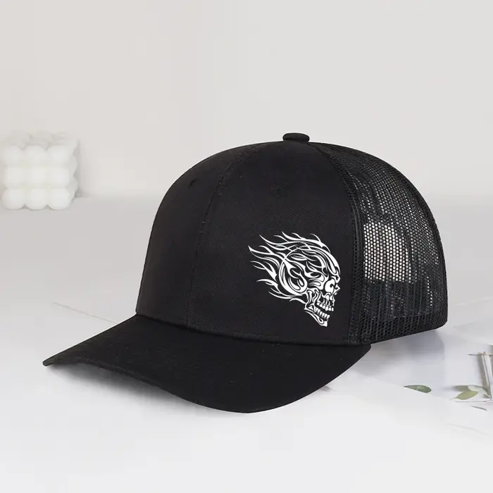 Casquette de camionneur à imprimé tête de mort flamboyante, maille respirante, douce et confortable,