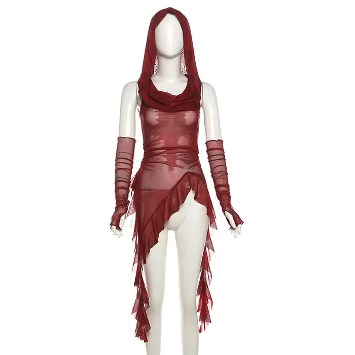 Goth Dark Streetwear années 90 Grunge Mesh Transparent Hauts à capuche Cyber Y2K Ourlet irrégulier V