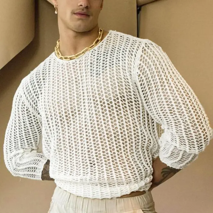T-shirt à Manches sulfet Col Rond pour Homme, Tricot de Rue, Tissé, Solide, en Maille, Slim Fit, Fit