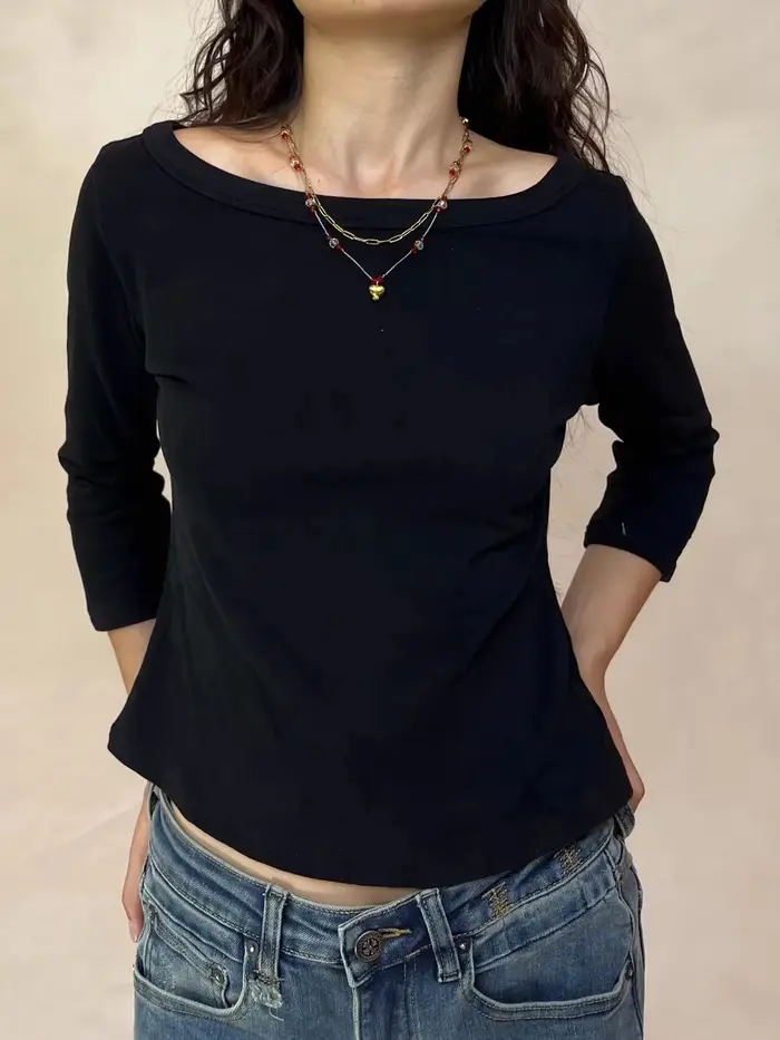 Simple trois quarts manches T-shirts femme automne solide basique Slash cou coton mince haut court f