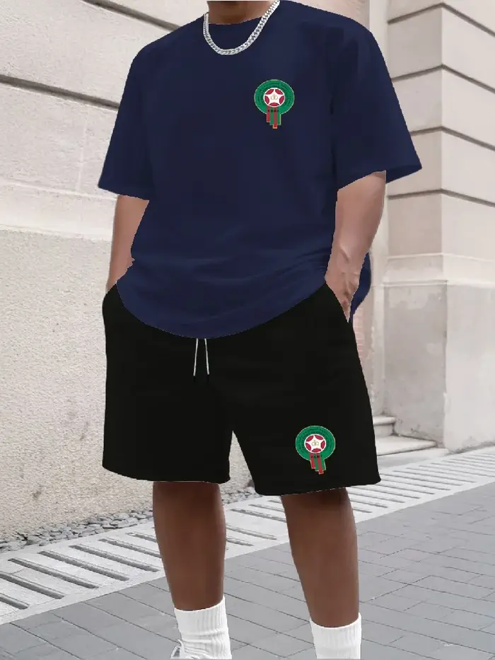 Ensemble deux pièces décontracté et tendance pour homme : T-shirt imprimé à manches courtes et short