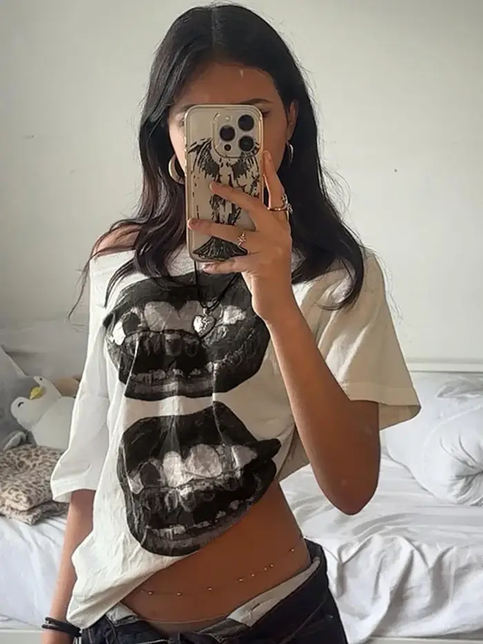 American Street Hip Hop bouche imprimé T-shirt ample femmes personnalisé haut décontracté