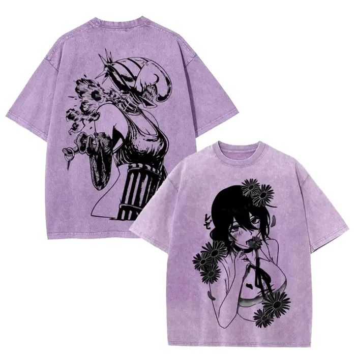 T-shirt Anime Chainsaw Man Reze Vintage Gothique Délavé Oversize Homme Femme Vêtements Manches Courtes Coton Hauts