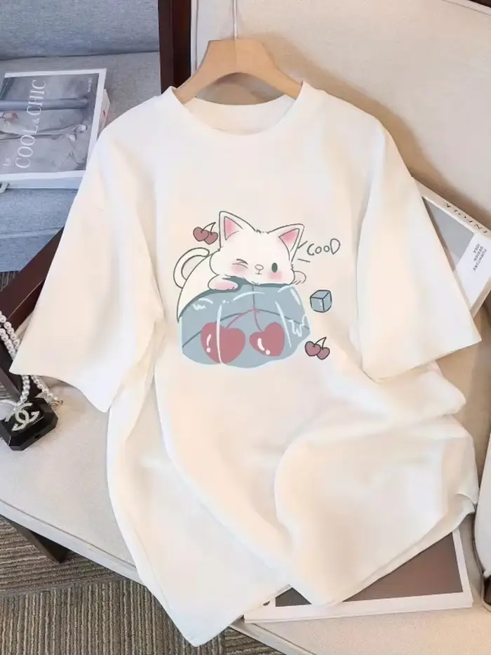T-shirt unisexe décontracté à col rond et coupe oversize, imprimé chat blanc mignon et boisson aux c