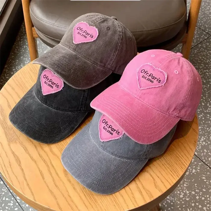 Casquette de baseball brodée avec motif cœur pour femme, en coton lavé, réglable, style snapback, protection solaire, printemps-été