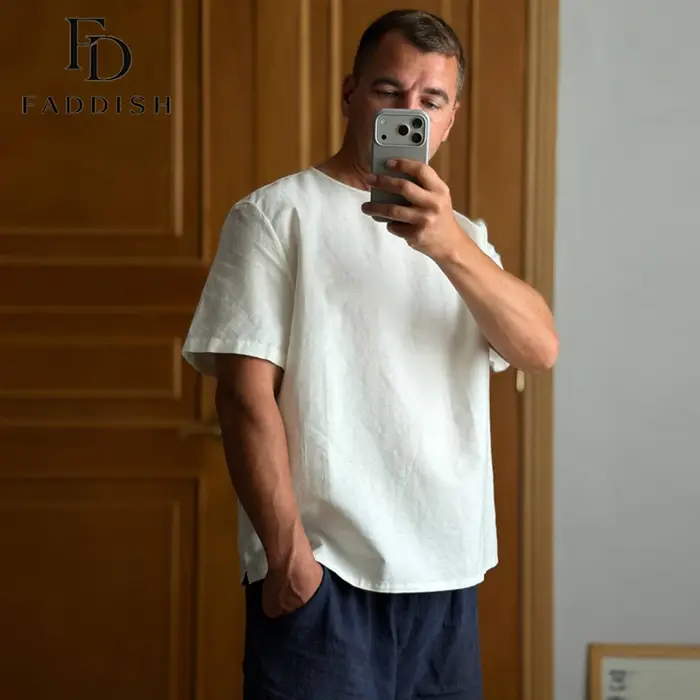 T-shirt Homme Col Rond Manches Courtes en Coton Chanvre Couleur Unie Coupe Ample Haute Qualité Nouvelle Collection 2026