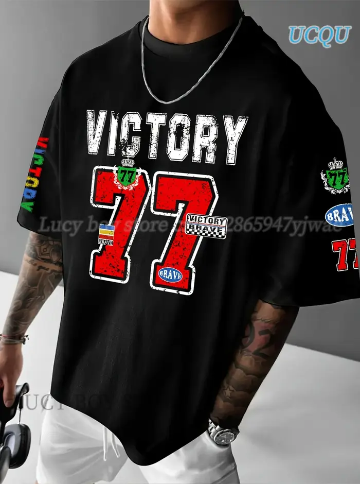 T-shirt à manches courtes imprimé Victory No 77 pour hommes, vêtements de sport à col rond pour homm