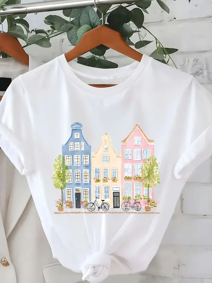 T-shirt décontracté à manches courtes avec imprimé artistique sur le thème de la maison pastel d'Amsterdam