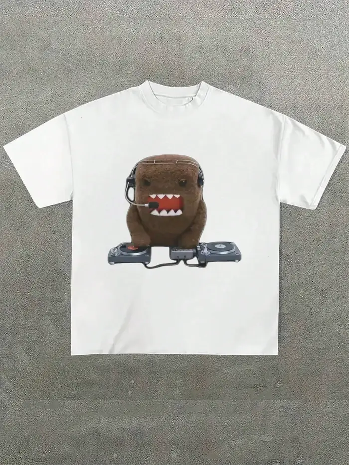 Grande taille hommes, Dj Domo Kun poupée lavé t-shirts 100 % coton décontracté imprimé T-Shirt col r