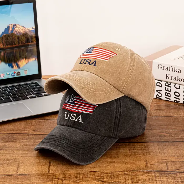 Casquette de baseball en coton lavé brodée drapeau américain USA pour hommes et femmes