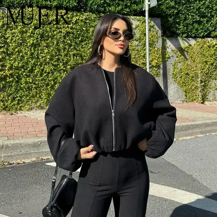 MUJER noir Bomber vestes pour femmes fermeture éclair varsity vestes femmes doux recadrée vestes fem
