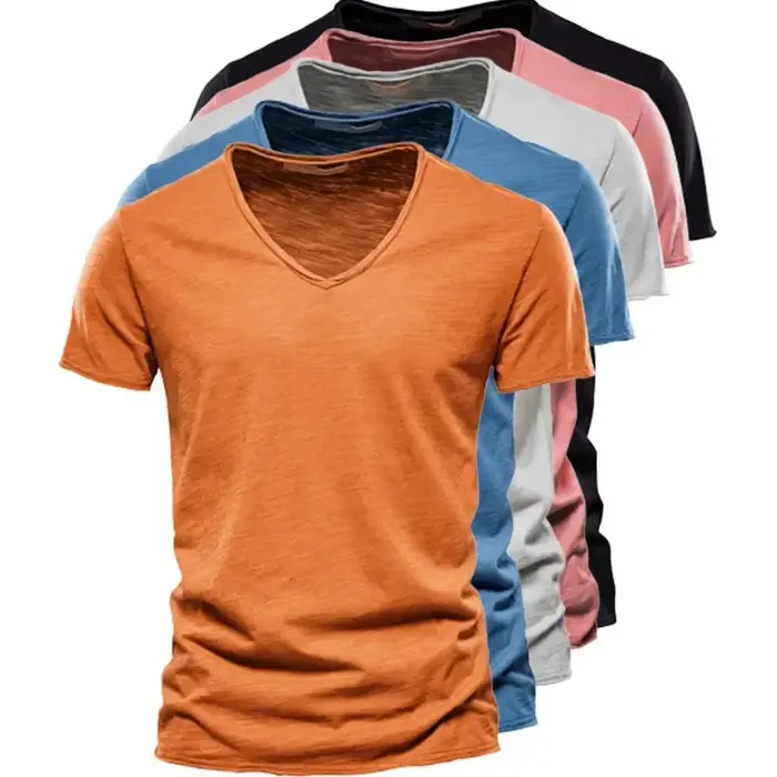 2025 nouvelle marque qualité 100% coton hommes T-shirt col en v Design de mode coupe ajustée T-shirts