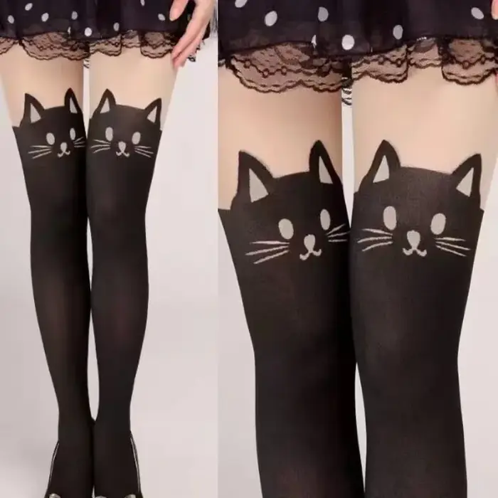 Femmes mignon chat noir imprimé soie genou chaussettes décontracté cuisse coton chaud haut