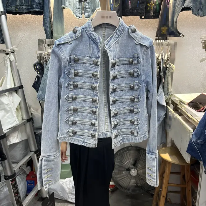 Denim manteau femmes veste Streetwear en détresse bouton col montant lavé Patchwork femme 2025 Vinta