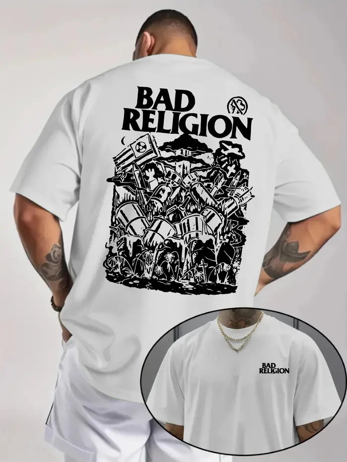 T-shirt à motif punk rock pour hommes - BAD RELIGION, motif imprimé au dos, haut pour hommes, cadeau
