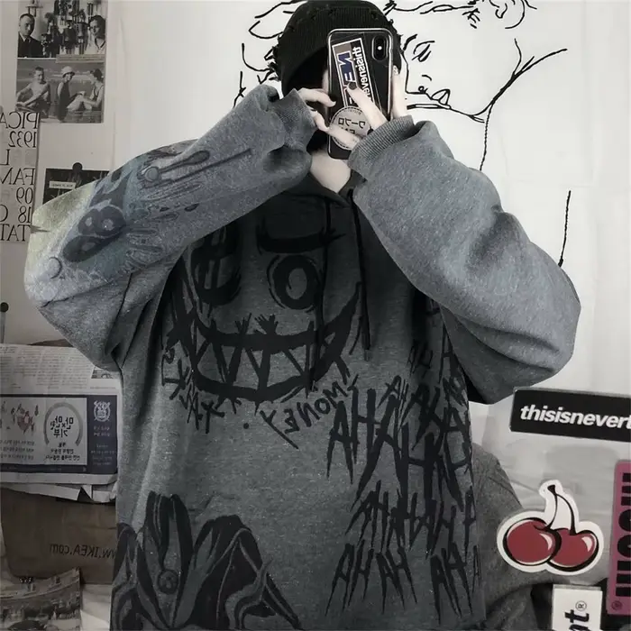 Gothique japon dessin animé Hip Hop sweat à capuche surdimensionné femmes printemps automne drôle Pu