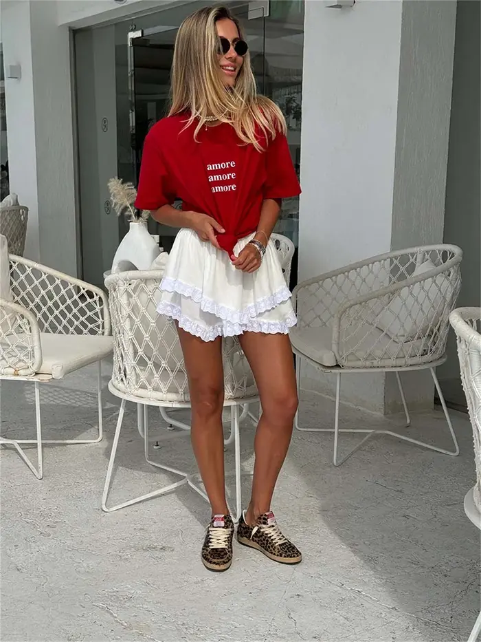 T-Shirt rouge avec imprimé Amore Amore T-Shirt femme Design Simple mode d'été T-Shirt Boutique manch