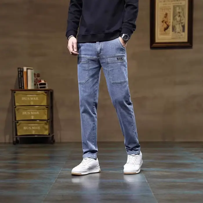 Jean vintage coupe droite pour homme – Tendance décontractée printemps-automne – Six poches – Pantalon long – Vêtement de travail – Confortable – En denim de coton