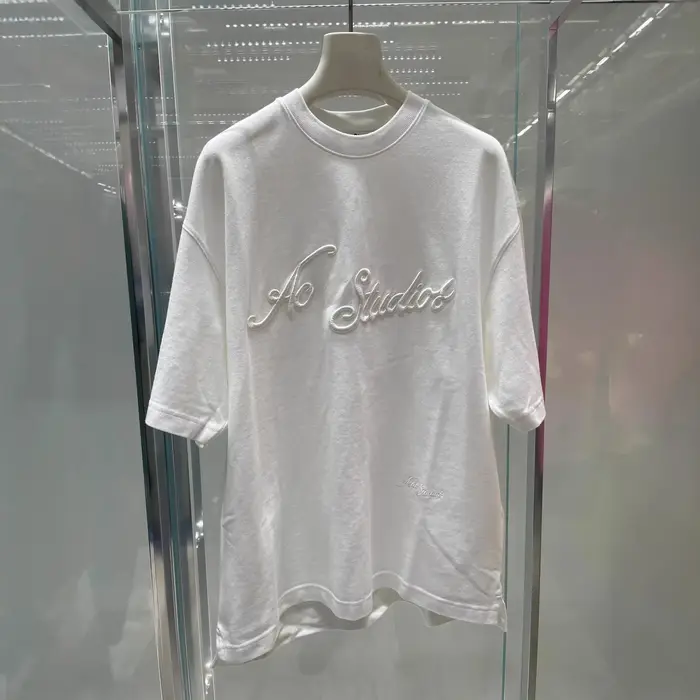 T-shirt unisexe en coton biologique avec logo brodé 3D, style streetwear, coupe confortable, col ron