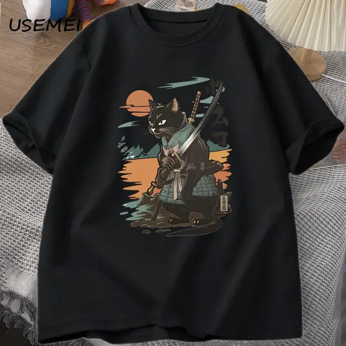 Samouraï chat T-Shirt Style japonais chat concepteur Vintage T-Shirt décontracté hommes graphique t-
