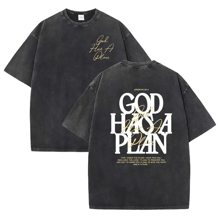 T-shirt vintage délavé double face avec impression 'God Has A Plan' et 'Christian Letter'