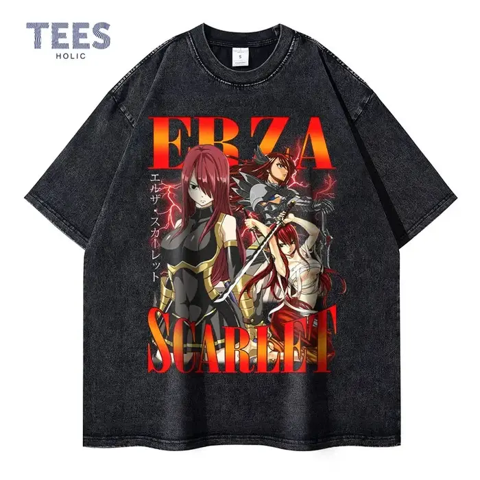 T-shirt Erza Scarlet Vintage Délavé Anime F-Fairy Tail T-shirts Oversize Streetwear Rétro Manga Natsu Gray Lucy Tops Tees Homme