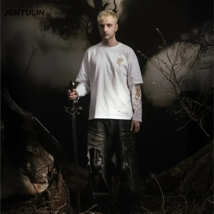 Harajuku surdimensionné Streetwear vêtements pour hommes deus mortis imprimé graphique Hip Hop faux deux pièces t-shirts à manches longues hauts Goth Y2k
