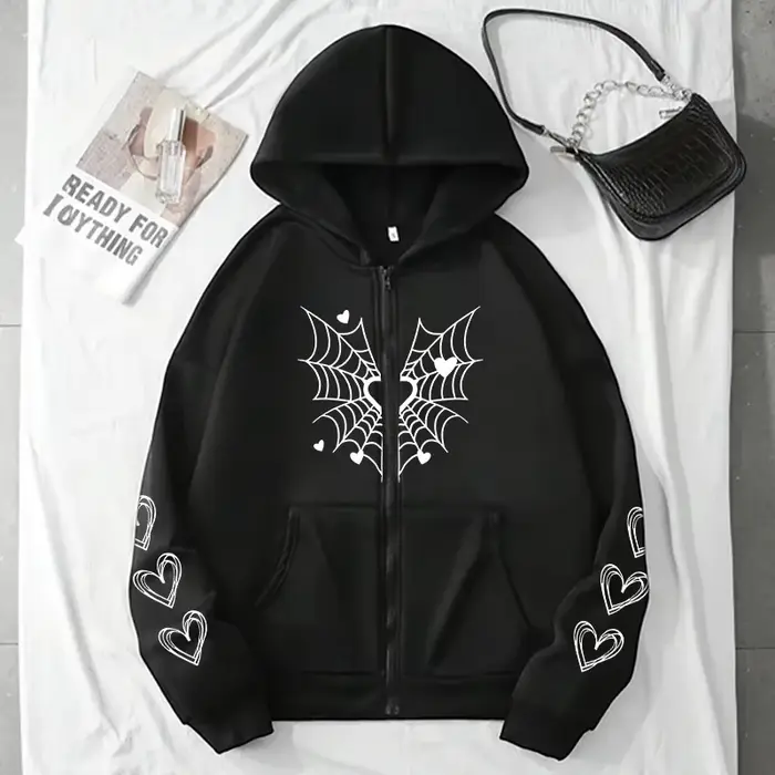 2025 offre spéciale sweat à capuche pour femme mignon toile d'araignée coeur imprimé sweat zippé tou