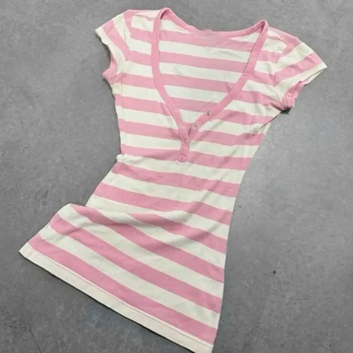 T-shirts rétro américains pour femmes, à rayures roses, col en V, manches courtes, coupe ajustée, po