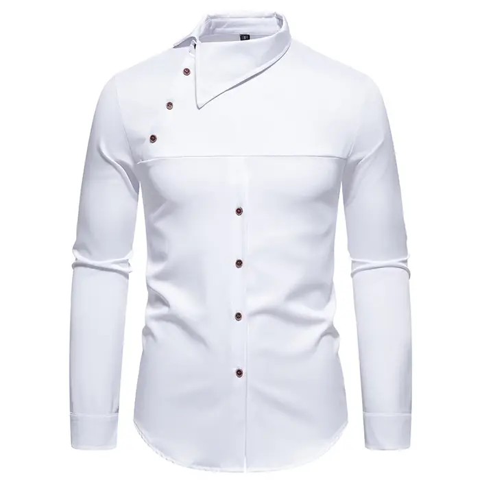 Chemise à col montant pour hommes, bouton oblique de personnalité, chemises provoqué irrégulières po