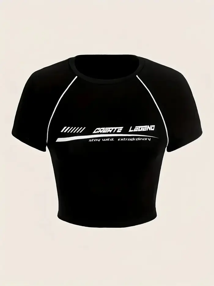 T-shirt court à col rond imprimé monogramme, haut décontracté à manches courtes printemps/été pour f
