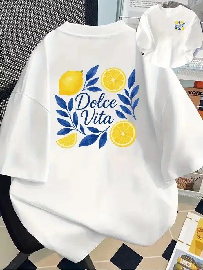 Lemon, Vita Print T-shirt à manches courtes et col rond pour femme, haut décontracté pour l'été et l