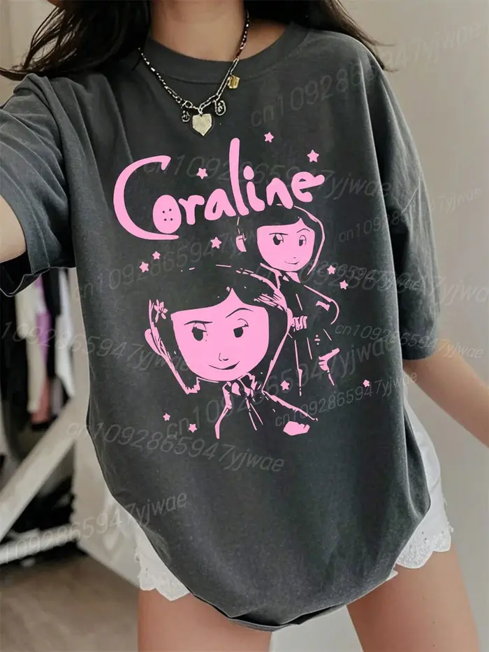 T-Shirt en coton de haute qualité pour femmes Coraline graphique 3d à manches courtes col rond ample