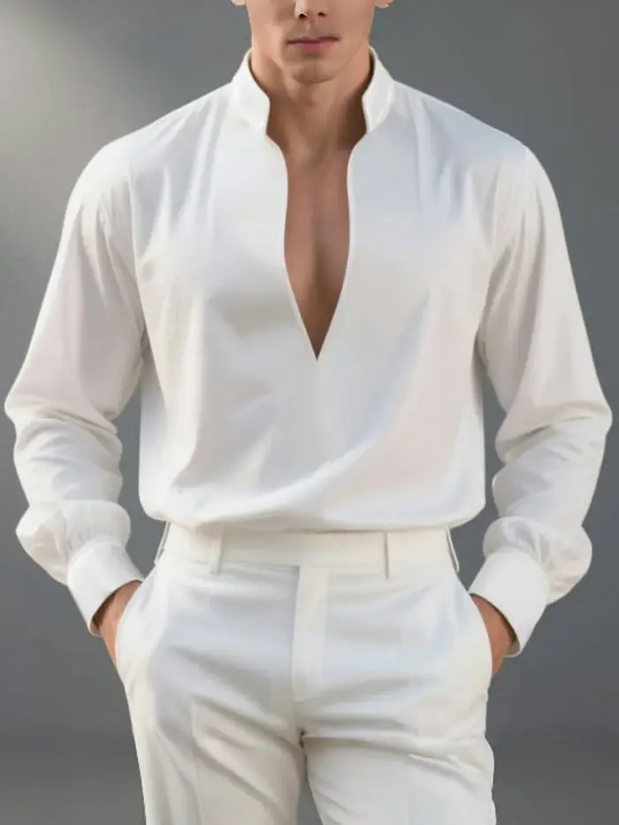 Chemise blanche pour hommes, col en V profond, manches longues, col montant, solide, chemises formel