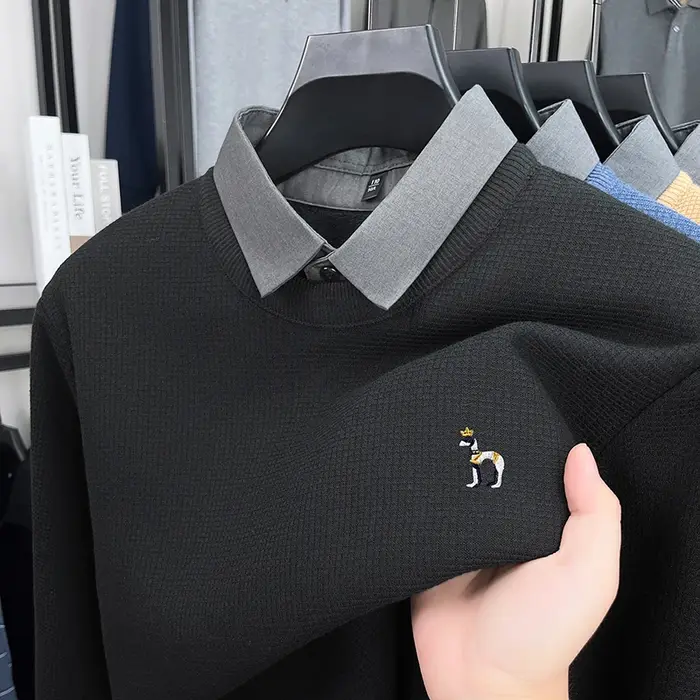 Marque de luxe hommes hiver manches longues tricot pull revers broderie chiot doublé polaire