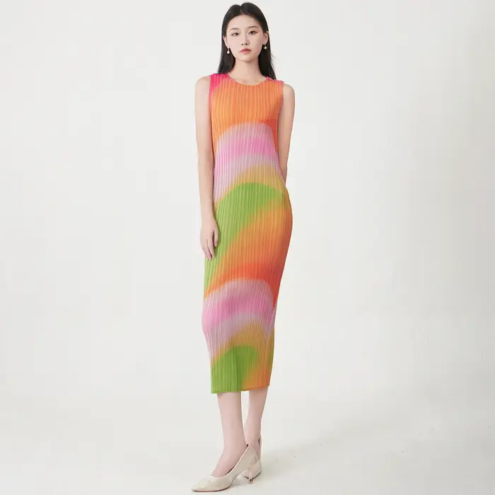 Robe plissée pour femmes, vente en gros, Design sens, imprimé extensible, robe droite, dégradé de co