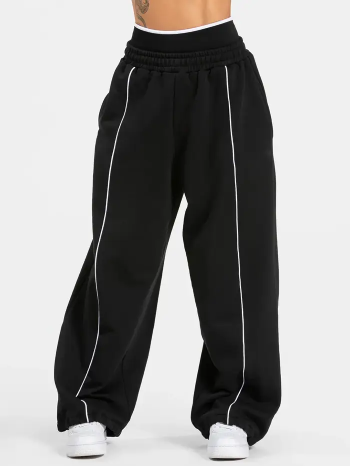 Pantalon de jogging noir taille haute pour femme avec passepoil blanc, coupe large, décontracté, sty