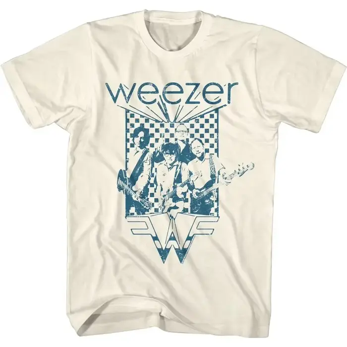 T-shirt pour homme à col rond et manches courtes, motif à carreaux bleus Weezer, tendance estivale