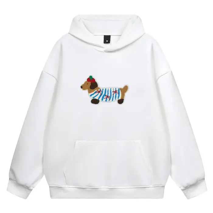 Sweat à capuche brodé de chien de dessin animé pour femmes, pull à capuche, sweat-shirt décontracté,
