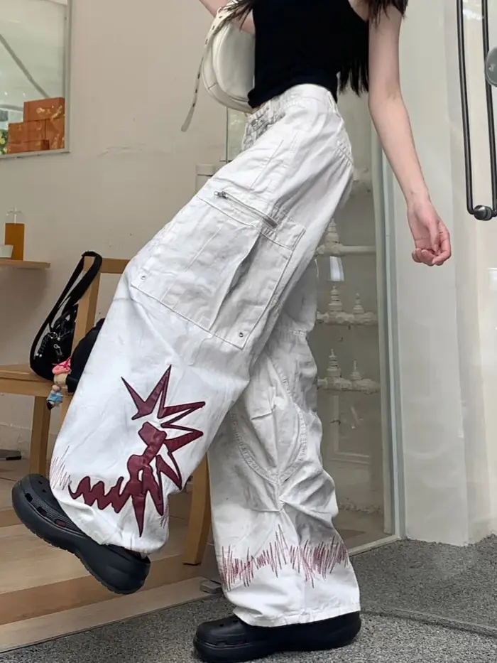 Trashy Y2K 2000S sale lavé blanc broderie Baggy empilé Cargo jean pantalon pour femmes vêtements jambe large Punk dame