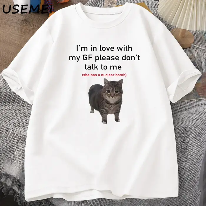 Je suis amoureux de mon GF drôle chat T-shirts petits amis coton ample col rond surdimensionné T-shirt hommes à manches