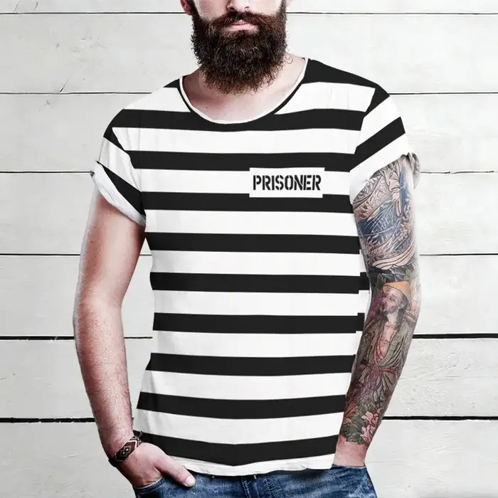 Abstract Prison uniforme style rayé imprimé T-shirt drôle jeu de rôle à manches courtes haut unisex humoristique personnalisé vêtements de rue