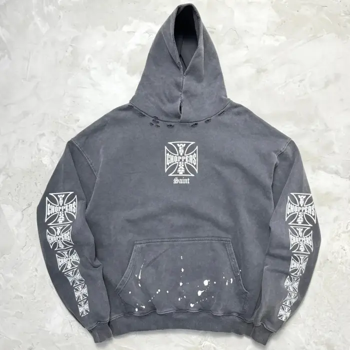 Sweat-shirt à capuche ample classique Y2k West Coast Choppers Skeleton Cross, effet délavé, coton de