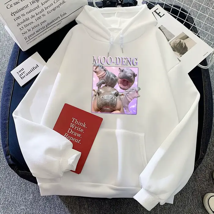 Sweat à capuche imprimé dessin animé Moo Deng pour hommes et femmes