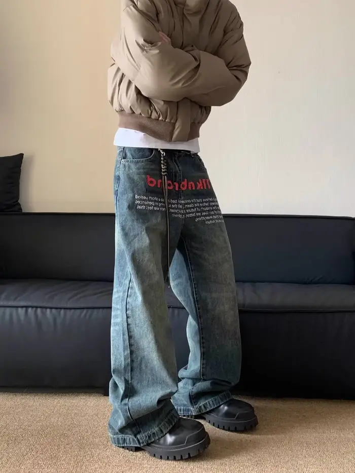Jean rétro américain pour hommes, Streetwear avec lettres imprimées, pantalon droit ample, délavé, tendance, marque, Denim, printemps automne