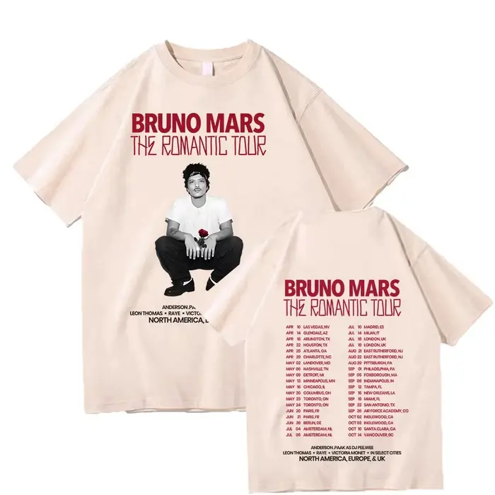 T-shirt Bruno Mars The Romantic 2026 Tour, T-shirt de concert Bruno Mars, été 2026, pour hommes et f