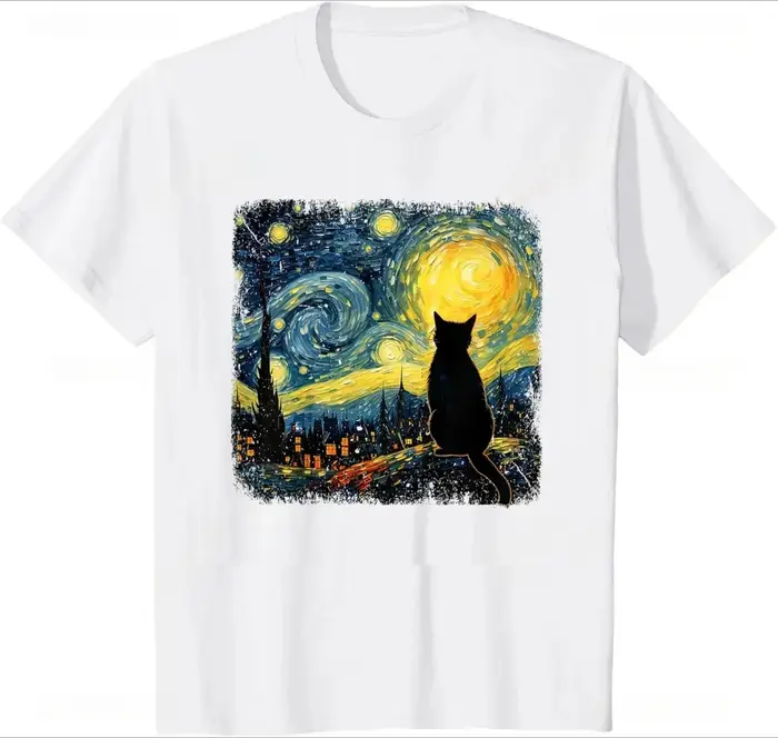T-shirt pour femme motif Chat Nuit étoilée Van Gogh, pour les amoureux des chats, style décontracté 