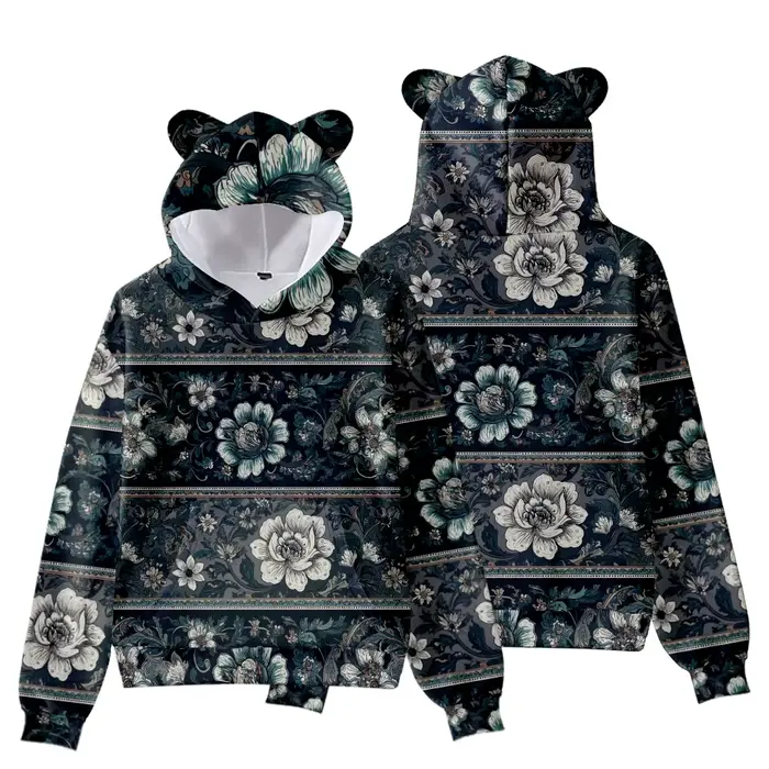 Sweat à capuche imprimé Hibiscus avec oreilles d'ours pour femme